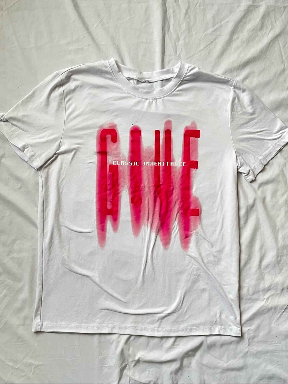 Men's White Pink "GIVE" Graphic Print Crew Neck Short Sleeve T-Shirt Size S